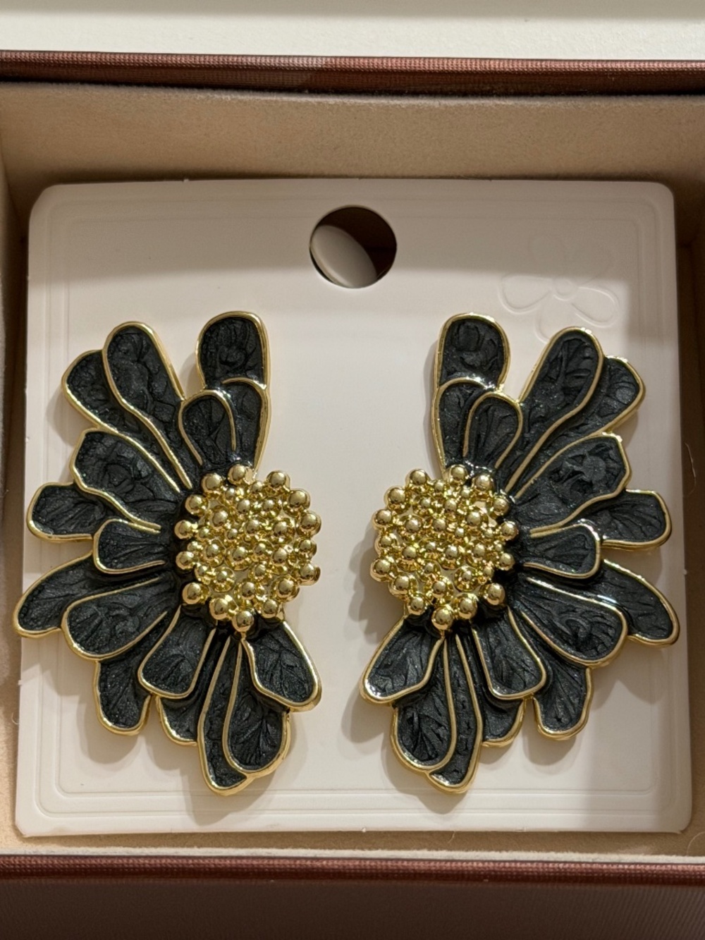 Vintage Golden Black Half Petal Flower Enamel Statement Earrings